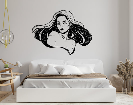 Beautiful Girl Sticker Witch Decal Sexy Girl Art Goth Emo Girl Magic Décor Space Girl Removable Wall Decal Anime Girl Silhouette AB005
