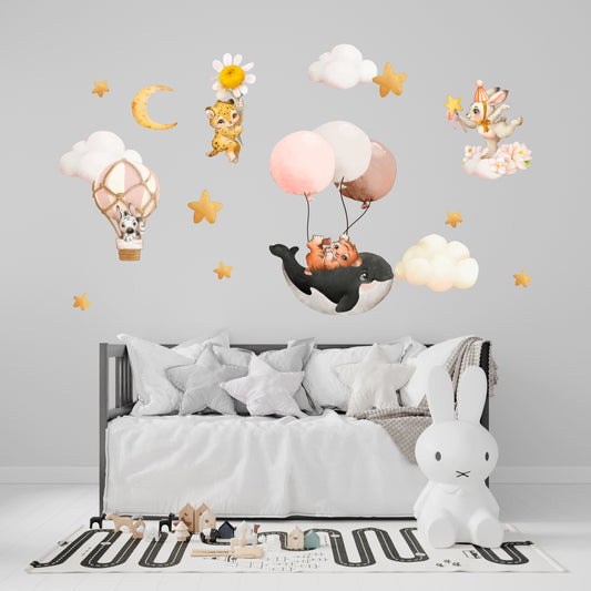 Baby Animals Decal Cute Characters Fairytale Clouds Wall Sticker Nursery Wall Decal Removable