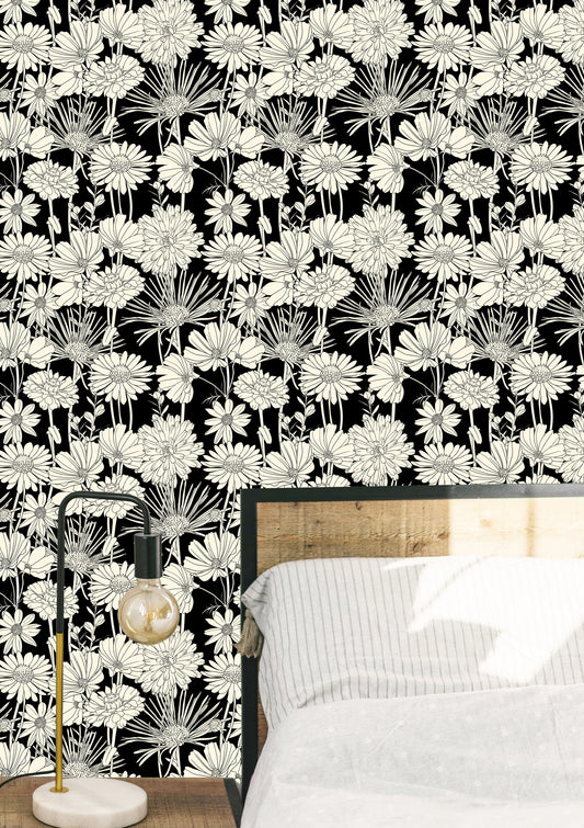 Flower Wallpaper Black And White Print Repeating Pattern