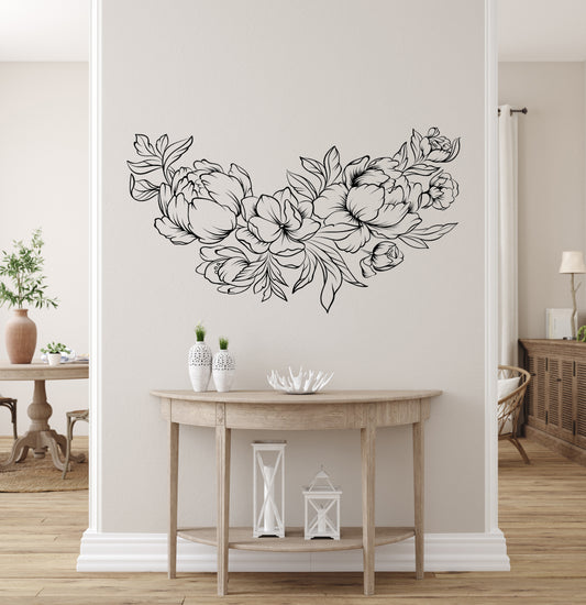 Flower Peony Wall Decal Line Art Bouquet Floral Sticker Décor  Removable Self- Adhesive