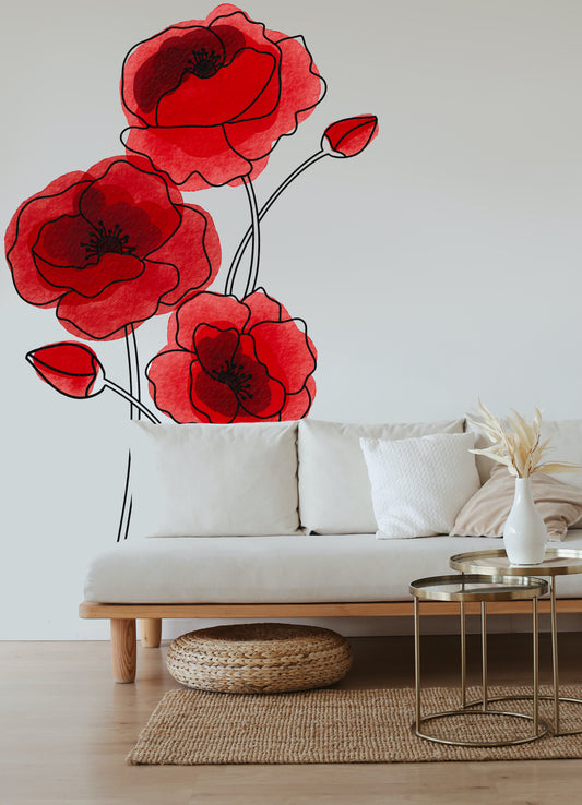 Poppy Flower Decal Abstract Wall Decal Large Vinyl Décor Sticker Watercolor Effect Floral Décor Hand Drawn Organic