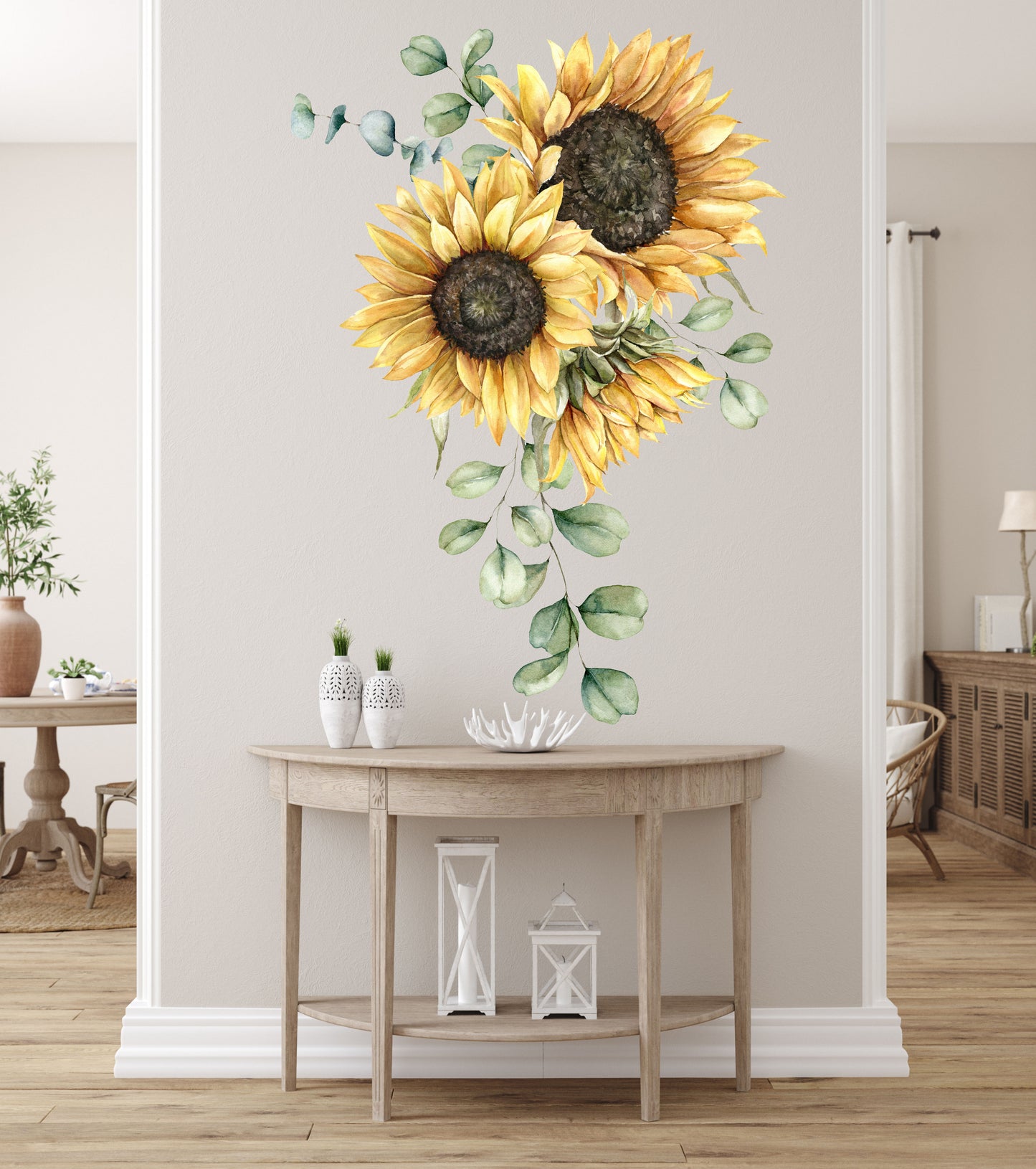 Sunflower Decal Eucalyptus Watercolor Wall Decal Large Vinyl Décor Sticker Hand Drawn