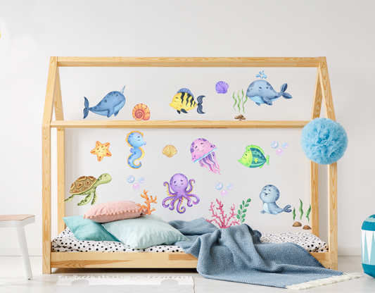 Sea Animals Wall Decal Under The Sea Baby Animals Wall Sticker Nursery Décor Ocean Decal Removable Kids Room