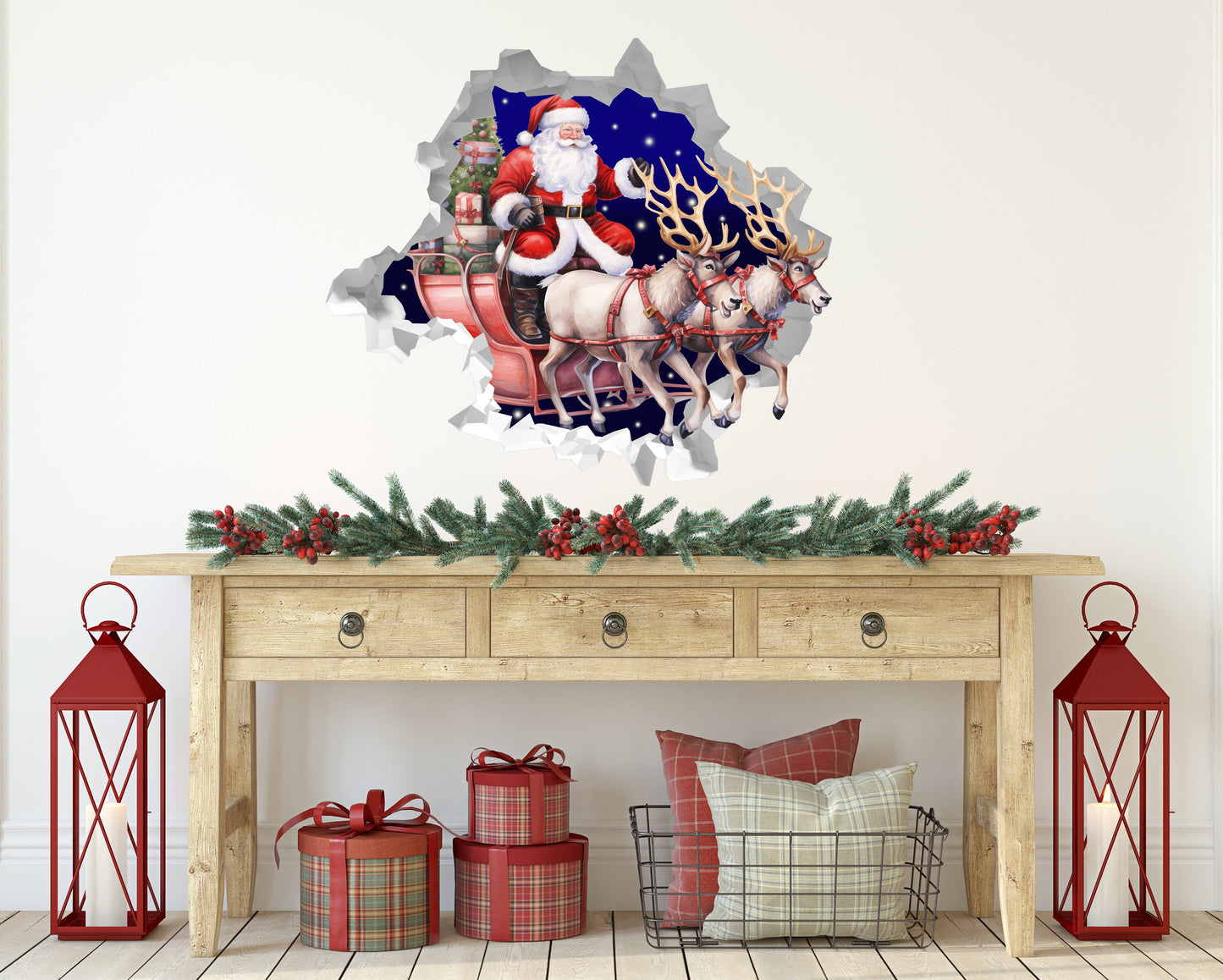 Santa And Reindeer Wall Decal Cute Christmas Fabric Reusable Wall Decal Décor Holiday Sticker Kids Room Removable Self- Adhesive Art