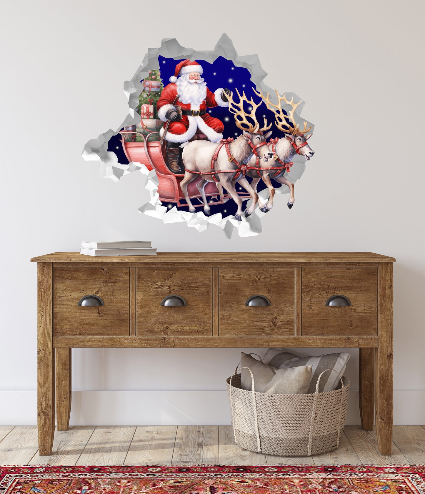 Santa And Reindeer Wall Decal Cute Christmas Fabric Reusable Wall Decal Décor Holiday Sticker Kids Room Removable Self- Adhesive Art