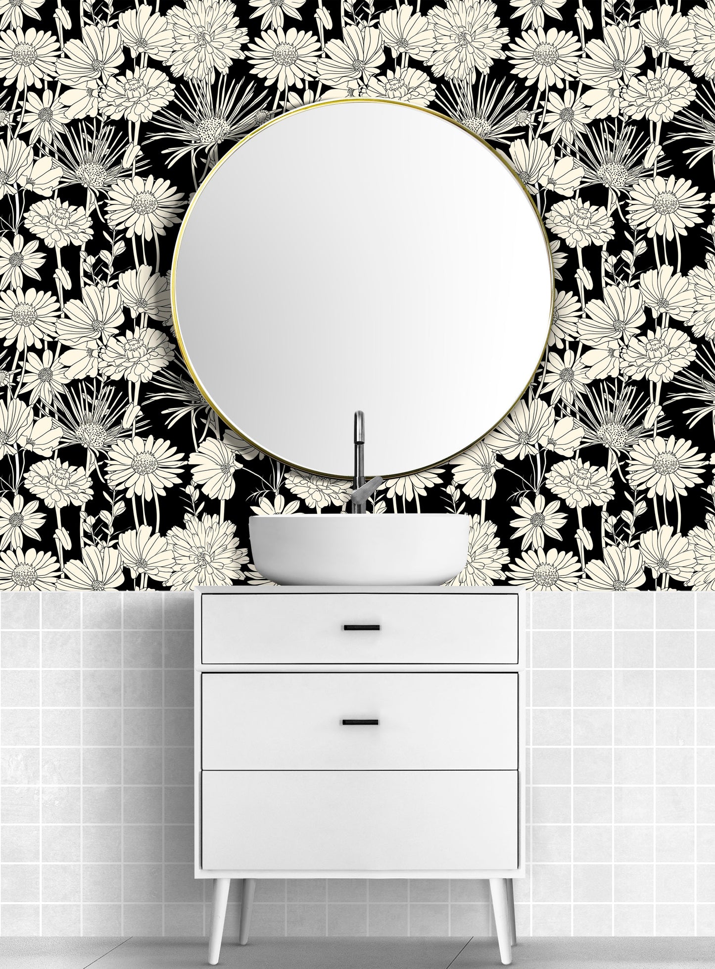 Flower Wallpaper Black And White Print Repeating Pattern