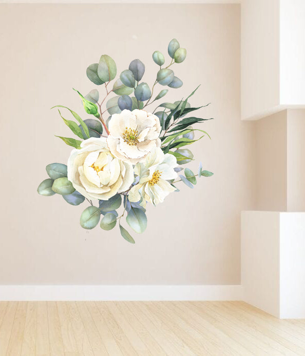 White Flowers Decal Eucalyptus Wall Sticker Summer Bouquet Removable Decoration Watercolor Effect