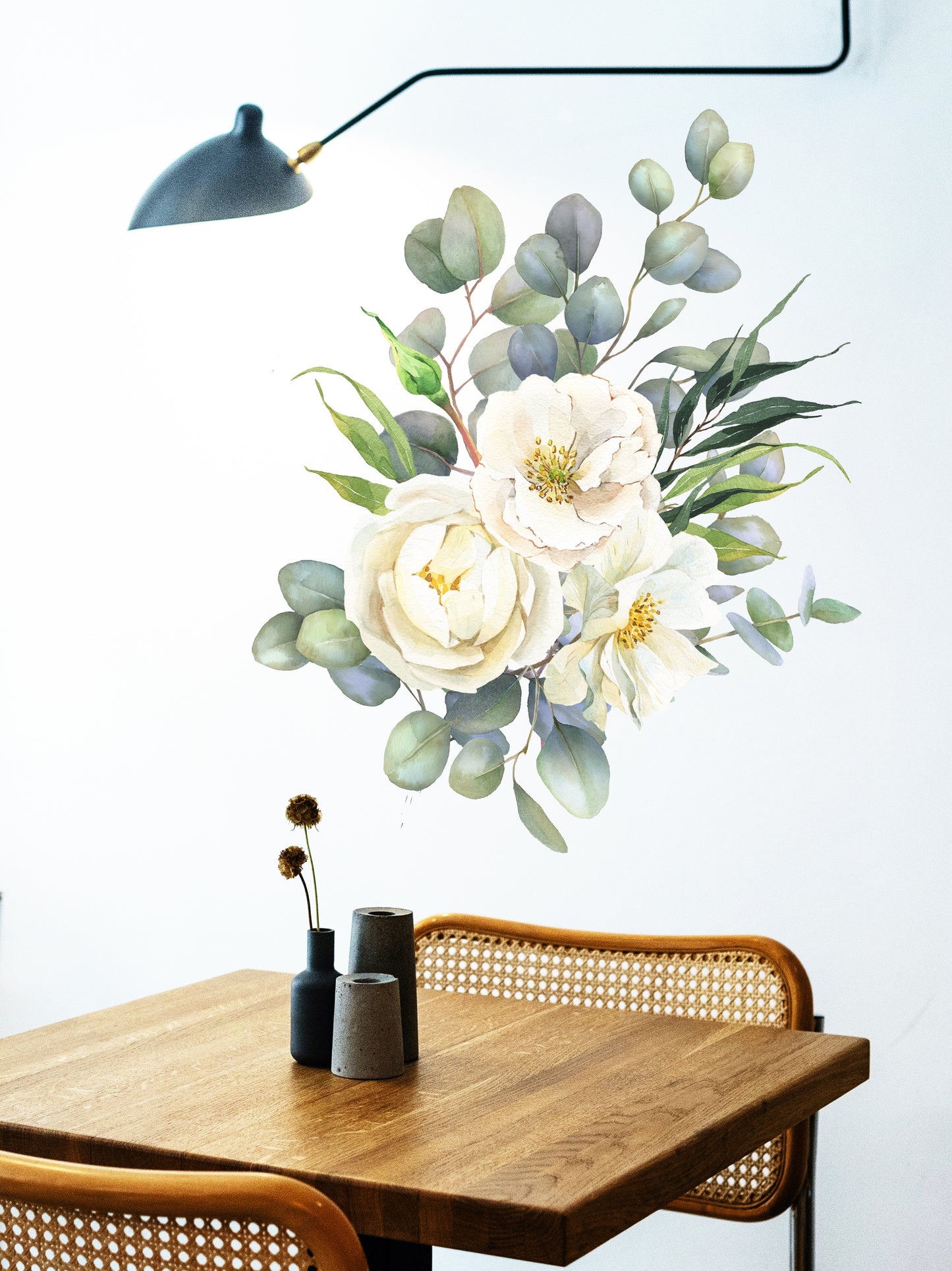 White Flowers Decal Eucalyptus Wall Sticker Summer Bouquet Removable Decoration Watercolor Effect