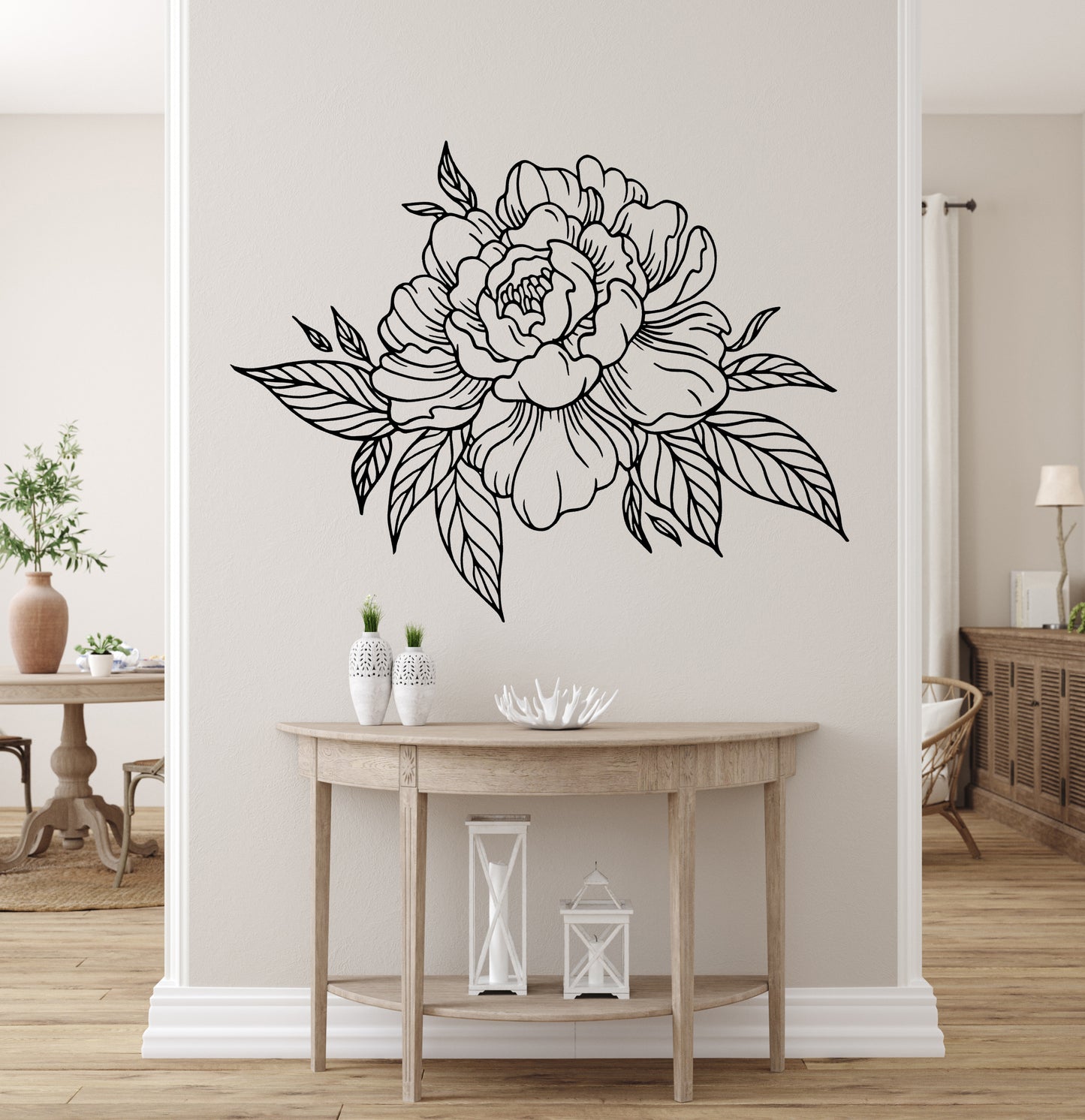 Flower Peony Wall Decal Line Art Bouquet Floral Décor Living Room Removable Self- Adhesive Sticker