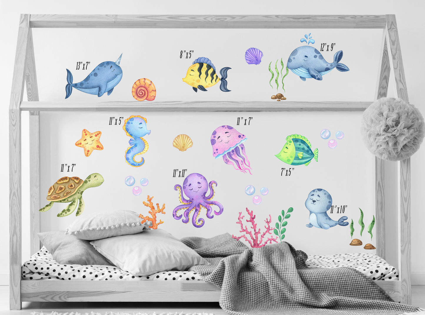 Sea Animals Wall Decal Under The Sea Baby Animals Wall Sticker Nursery Décor Ocean Decal Removable Kids Room